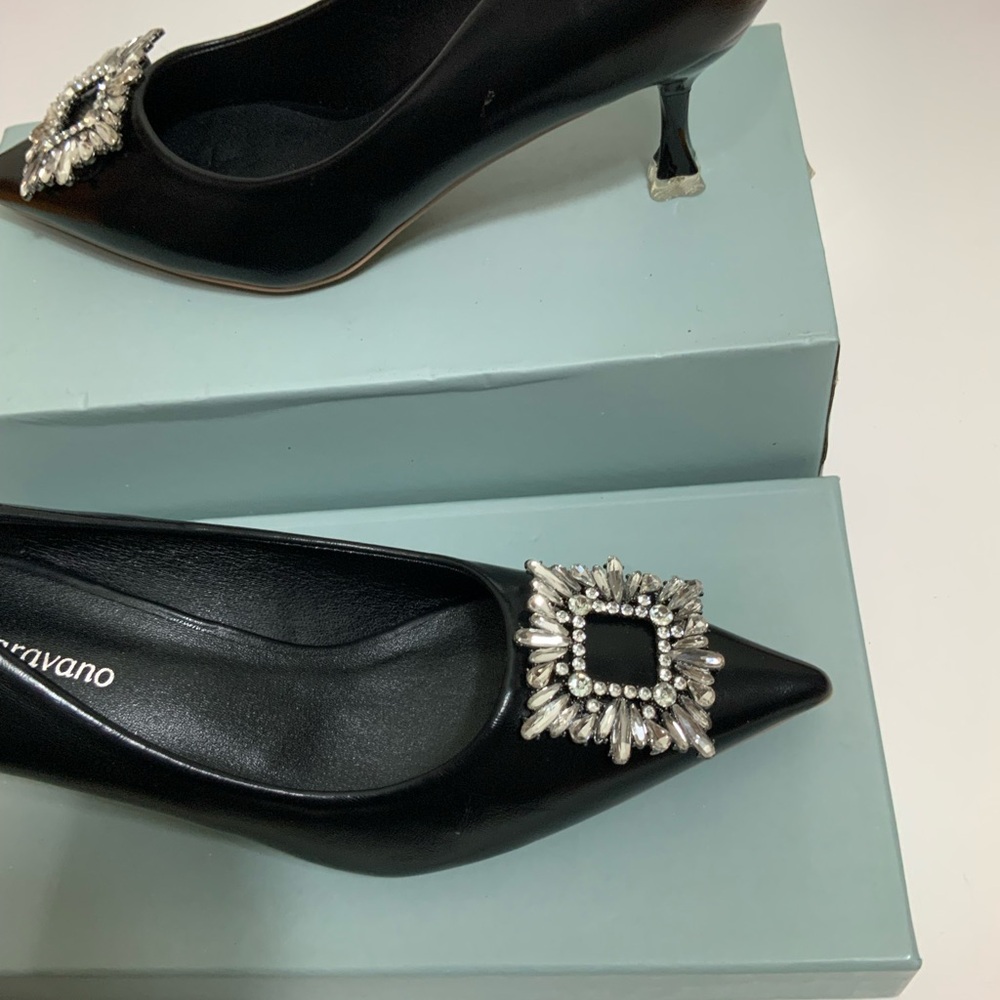 C.PARAVANO Black Crystal Buckle Pumps Size 6.5 US / 37 EU Kitten Heels Elegant - Picture 2 of 10